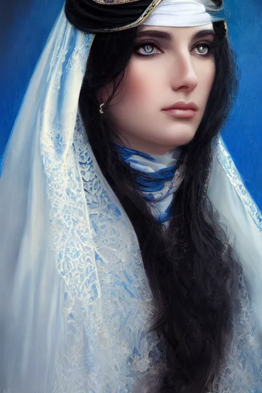 Prompt: modern arab Ameera al-Taweel, bright blue eyes, long wavy black hair, white veil, closeup, focus face, elegant, highly detailed, centered, oil painting, artstation, concept art by tom bagshaw