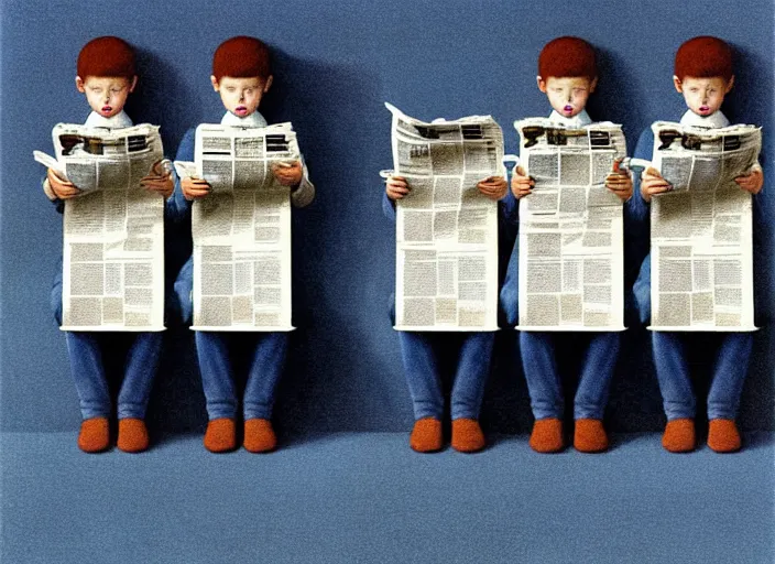 Image similar to a very boring day in school, kids wearing identical clothes reading newspapers, painting by quint buchholz and ray caesar, muted colors, gray, dull, boring, low energy, pale blue faces, very detailed