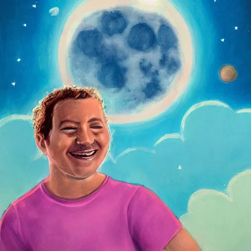 Image similar to celestial smiling moon candid portrait, surrounded by clouds, illustrated by dan morris