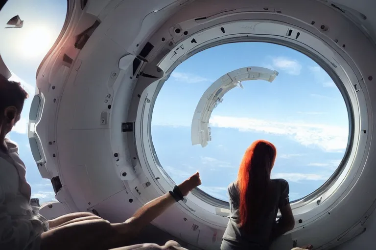 Image similar to sci-fi scene of space tourists in glamourous spaceship bedroom looking out large circular window at earth orbit By Emmanuel Lubezki