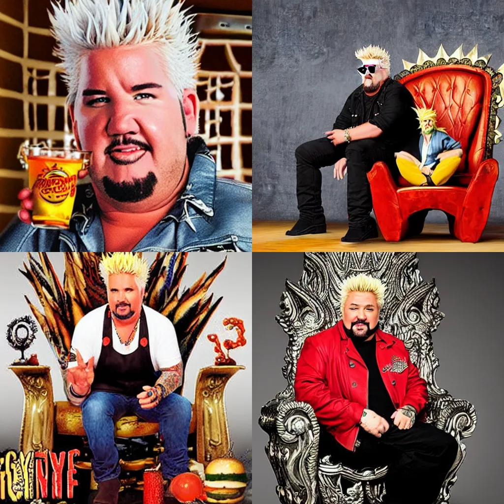 Prompt: Guy fieri sitting on the throne of flavortown