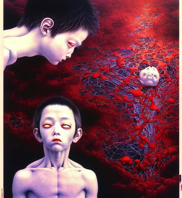 Image similar to boy looking at the PC computer from 90s by Laurie Lipton, grainy film kodak, by Ayami Kojima, Mark Brooks, rich deep colors. Beksinski painting, part by Adrian Ghenie and Gerhard Richter. art by Takato Yamamoto. masterpiece