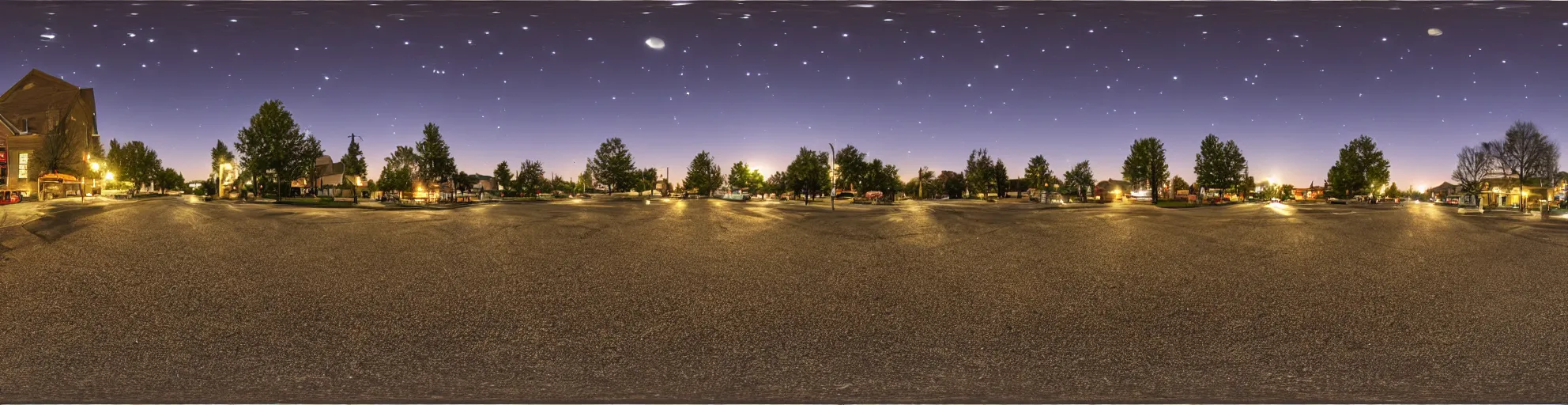 Image similar to spherical panorama photo of country american small town street night bright sky 5 0 mm