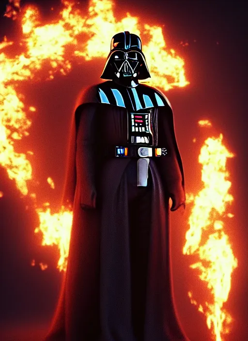 Image similar to darth vader from star wars posing, flames, dark atmosphere, cinematic shot, intricate, ornate, photorealistic, ultra detailed, realistic, 1 0 0 mm, photography, octane, high definition, depth of field, realism, 8 k, artstation