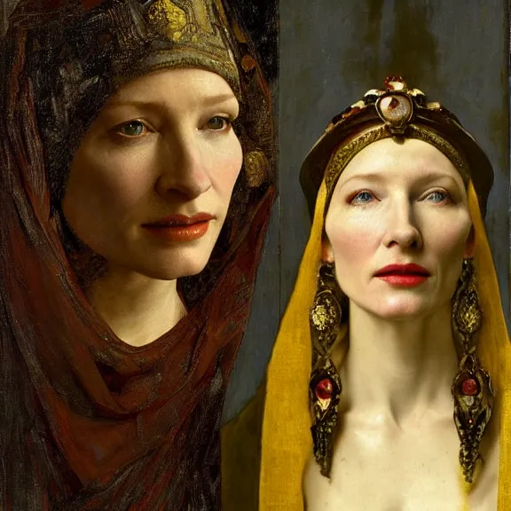 Image similar to cate blanchett by Annie Swynnerton and Nicholas Roerich and Vermeer, strong dramatic cinematic lighting , ornate headdress , lost civilizations, smooth, sharp focus, extremely detailed