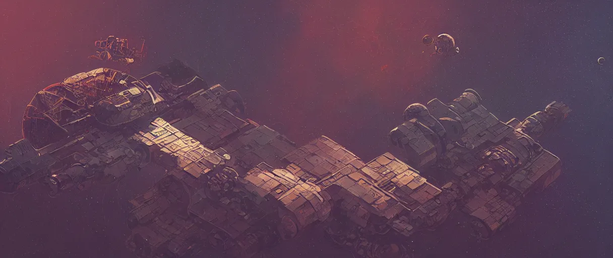 Image similar to illustration, a single scouting spaceship, deep space exploration, the expanse tv series, industrial design, space travel, intergalactic, atmospheric, cinematic lighting, 4k, greebles, widescreen, wide angle, beksinski, sharp and blocky shapes, simon stalenhag palette