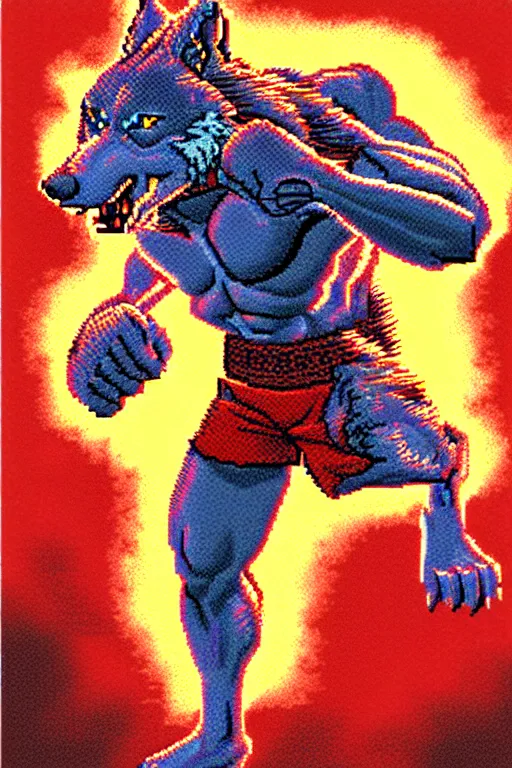 Prompt: extreme long shot. 8 bit nes graphics. antropomorphic muscular masculine wolf. kickboxer fighter in shorts. wolf head. art from nes game cartridge