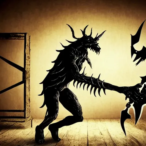 Image similar to monster demon with huge black sharp claws drag man by arm through dark spooky house