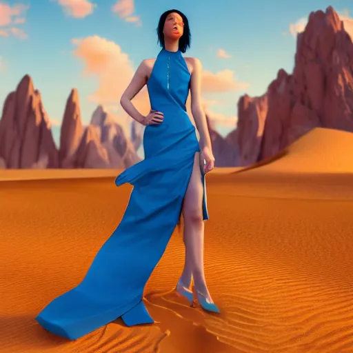 Image similar to innovative avant-garde art, deco fashion, asian women, wearing blue, highly detailed, photorealistic portrait, serene desert setting, golden hour, crisp quality and light reflections, unreal engine 5 quality render