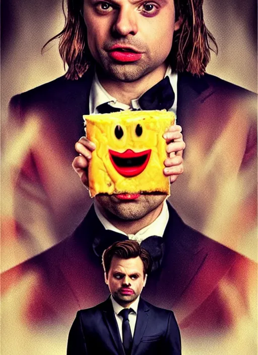 Image similar to highly detailed comedy caper movie poster with zany silly wacky sebastian stan as a sentient flan puddihg, sebastian stan face made from flan pudding by greg rutkowski, masterpiece, 1 0 / 1 0