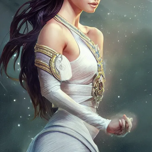 Image similar to full figure ultra realistic illustration, jamie chung as amora, intricate, elegant, highly detailed, digital painting, artstation, concept art, smooth, sharp focus, illustration, art by artgerm and greg rutkowski and alphonse mucha