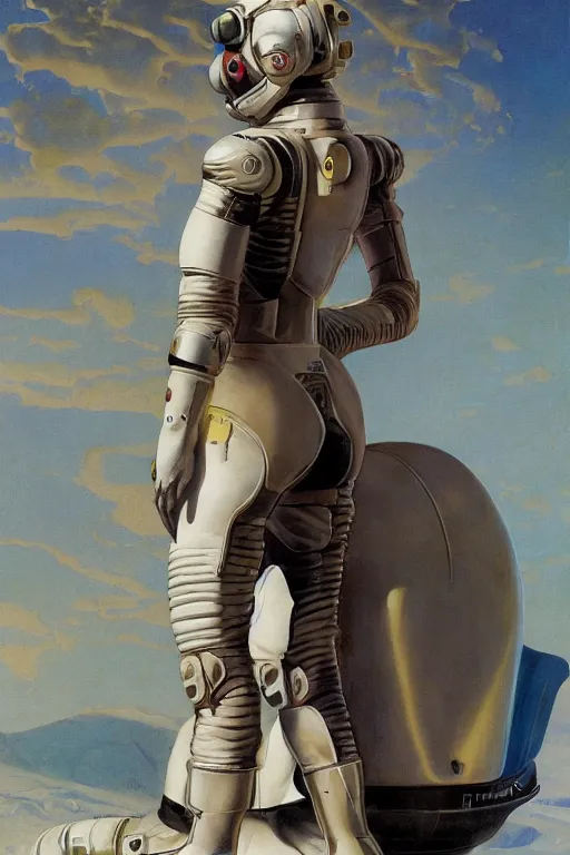 Prompt: pulp scifi fantasy illustration full body portrait android woman, white hair, in leather spacesuit on mars, by norman rockwell, roberto ferri, daniel gerhartz, edd cartier, jack kirby, howard v brown, ruan jia, tom lovell, frank r paul, jacob collins, dean cornwell, astounding stories, amazing, fantasy, other worlds