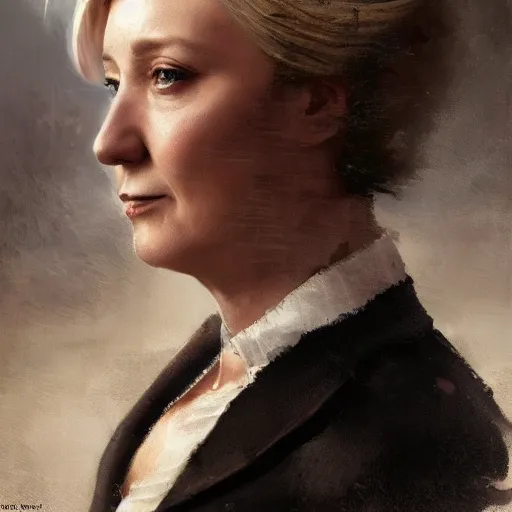 Image similar to Portrait of Marine le Pen , french revolution, amazing splashscreen artwork, splash art, head slightly tilted, natural light, elegant, intricate, fantasy, atmospheric lighting, cinematic, matte painting, detailed face, by Greg rutkowski