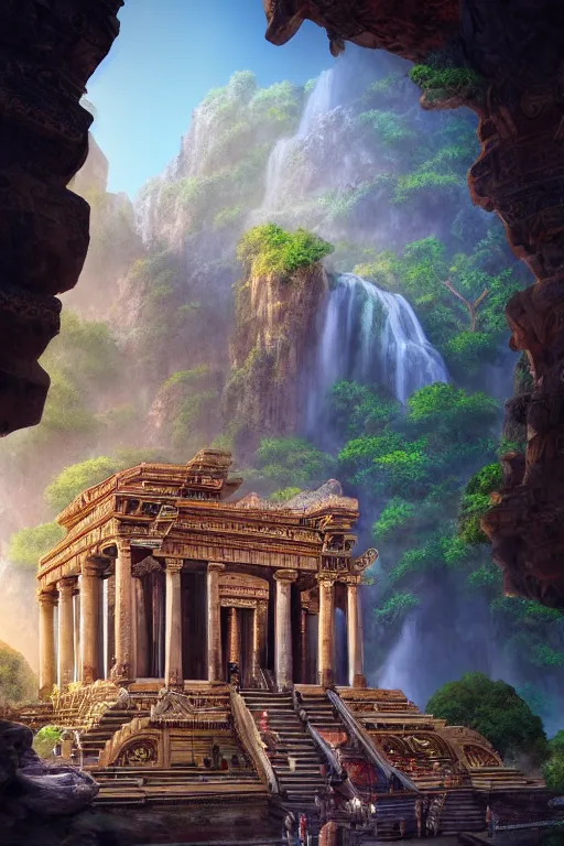 Image similar to An amazing interior of the temple of the gods of nature, intricate details, vast open interior, amazing and tall waterfalls, dramatic lighting, digital art, trending on Artstation, dark, hyper-realistic, detailed