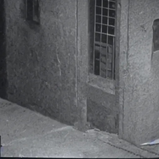 Image similar to vhs footage of a hooded creature in an alleyway approaching the camera