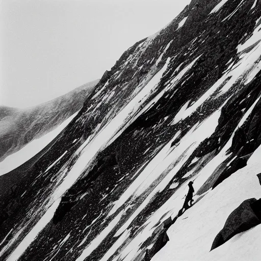 Prompt: A portrait of Marve Fleksnes climbing mount everest, black and white, epic