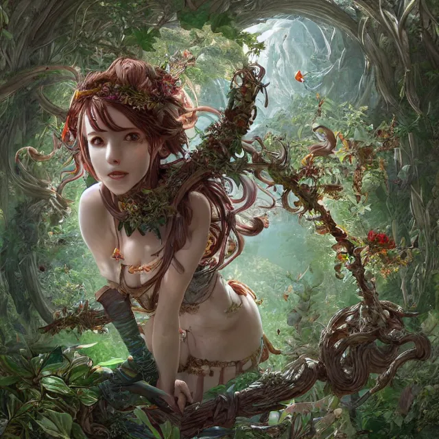 Image similar to the portrait of chaotic good female druid botanist as absurdly beautiful, gorgeous, elegant, young gravure idol, an ultrafine hyperdetailed illustration by kim jung gi, irakli nadar, intricate linework, sharp focus, bright colors, octopath traveler, final fantasy, unreal engine 5 highly rendered, global illumination, radiant light, detailed and intricate environment