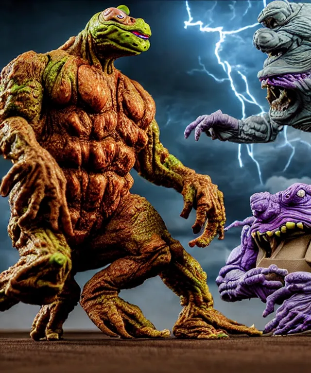 Prompt: hyperrealistic rendering, epic boss battle, cronenberg flesh monster tmnt, by art of skinner and richard corben, product photography, collectible action figure, sofubi, hottoys, storm clouds, outside, lightning