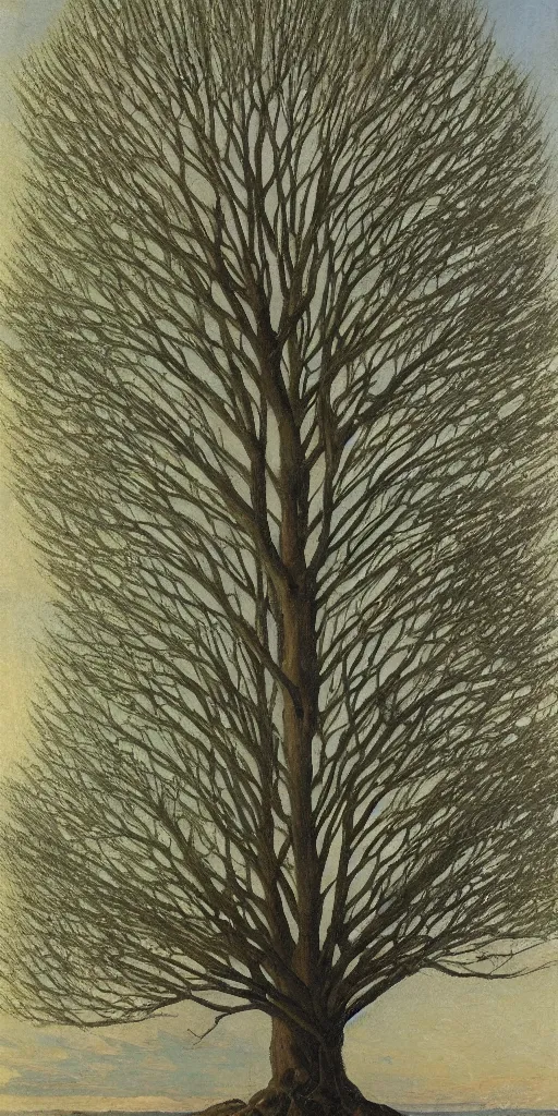 Image similar to art by abbott fuller graves of a giant beautiful tree with diatom leaves