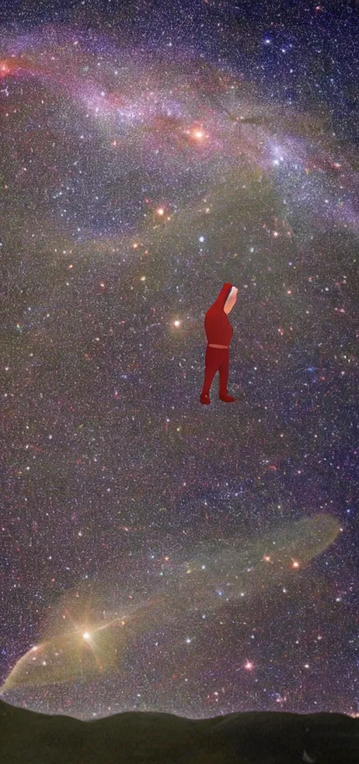 Prompt: a giant human pointing its finger to the universe, star dust, cosmos