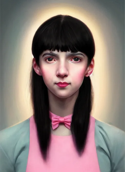 Image similar to portrait of high school girl, realistic, black hair, bangs, half updo hairstyle, pointy nose, skinny, smile, ugly, defined jawline, big chin, pink hair bow, earrings, intricate, elegant, glowing lights, highly detailed, digital painting, artstation, sharp focus, illustration, art by wlop, mars ravelo and greg rutkowski