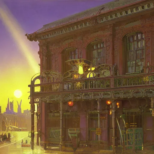 Prompt: painting of syd mead artlilery scifi soviet building with ornate metal work and victorian fence, fossil ornaments, volumetric lights, purple sun, andreas achenbach