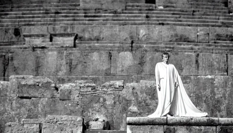 Image similar to 1 9 6 0 s movie still close - up of caligula in a white toga dead on the ancient amphitheater's stairs, cinestill 8 0 0 t 3 5 mm, high quality, heavy grain, high detail, dramatic light, anamorphic, blood