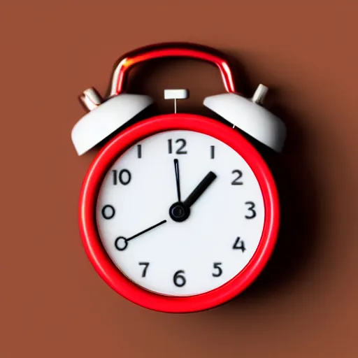 Image similar to Very tiny red alarm clock that looks like the iOS emoji and has the same colors, 3D clay render, 4k UHD, white background, isometric top down left view, diffuse lighting, zoomed out very far