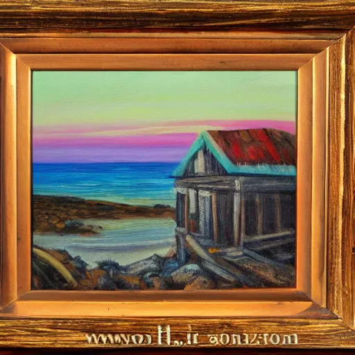 Image similar to sunset over a wooden cabin on the coast in the distance, sea, oil painting, very detailed, colorful