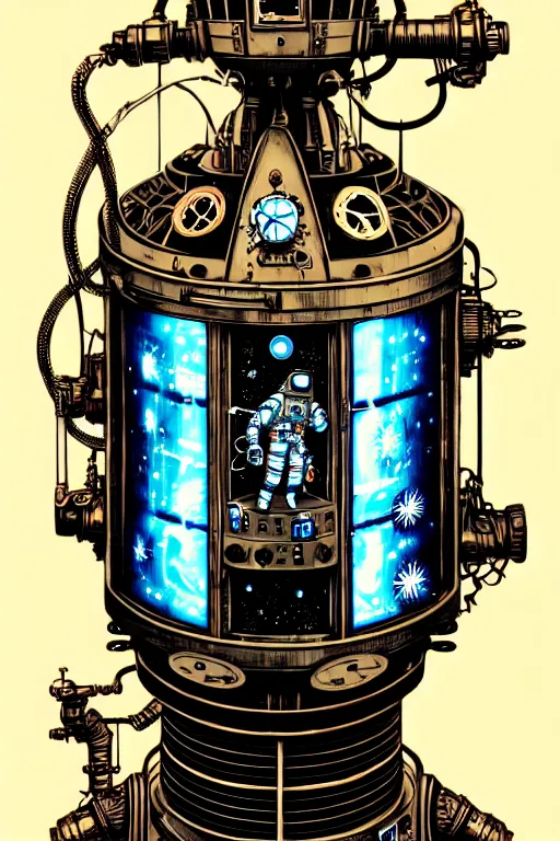 Image similar to steampunk cryo chamber containing an astronaut, high details, intricately detailed, by vincent di fate, inking, 3 color screen print, masterpiece, trending on artstation,, sharp, details, hyper - detailed, hd, 4 k, 8 k