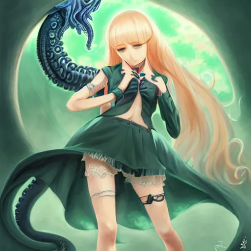 Image similar to cthulhu humanisation as a cute anime girl, by rossdraws, wlop, boris vallejo, gil elvgren