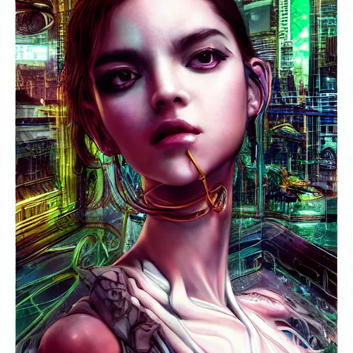 Image similar to the portrait of an absurdly beautiful, graceful, elegant, sophisticated, fashionable cyberpunk gravure idol, an ultrafine hyperdetailed illustration by kim jung gi, irakli nadar, intricate linework, bright colors, porcelain skin, unreal engine 5 highly rendered, fashion photography, global illumination, radiant light, detailed and intricate environment