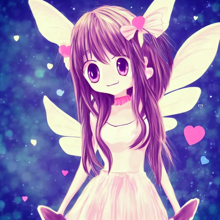 Image similar to cute, full body, female, anime style, a cat girl with fairy wings, large eyes, beautiful lighting, sharp focus, simple background, creative, heart effects, filters applied, illustration