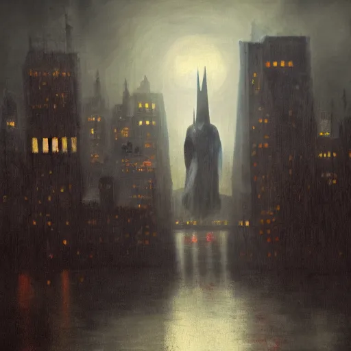 Prompt: A Rembrandt Style painting of Batman, Gotham in background, dark, gloomy, 4k