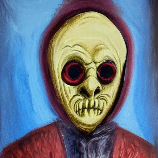Image similar to painting of an old man wearing a scary mask