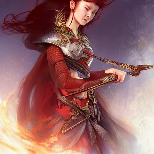 Image similar to female Chinese warrior, elegant, fire hair, D&D, fantasy, highly detailed, digital painting, artstation, concept art, sharp focus, illustration, art by artgerm and greg rutkowski and alphonse mucha