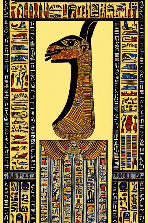 Image similar to Art of the Ancient Egyptians, Llama portrait in the style of traditional Egyptian wall painting. gods and goddesses of Ancient Egypt, llama head