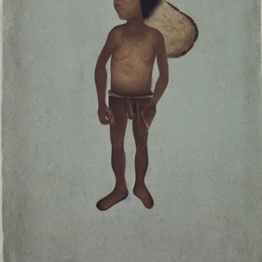 Image similar to indigenous boy standing on a barren plain muted colors