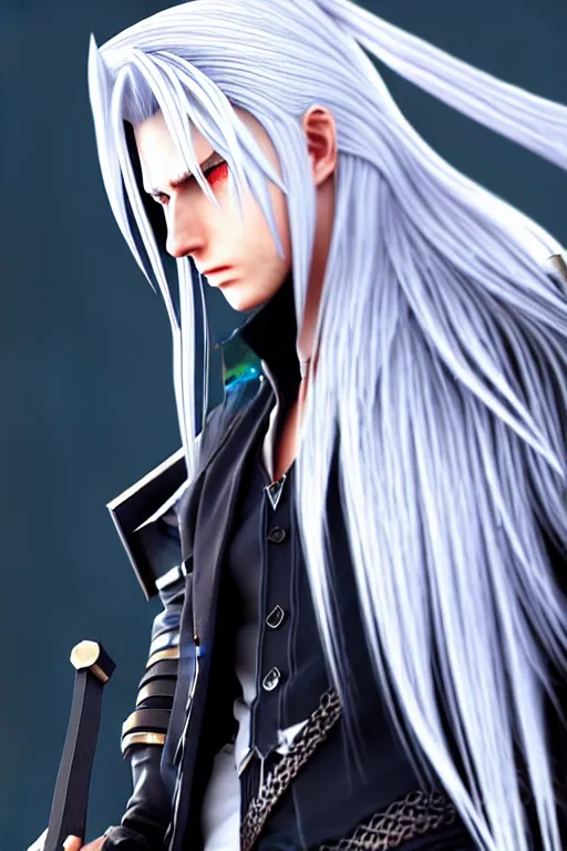 Image similar to sephiroth from final fantasy full view character design, highly detailed, wlop style, artstation, soft light, sharp focus, illustration