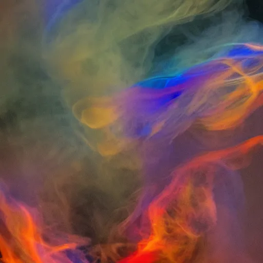 Image similar to multi color smoke, one smoke is the shape of a small ( outstretched ribbed wings and head of an ancient dragon ), billowy, hdr, 8 k, 4 k