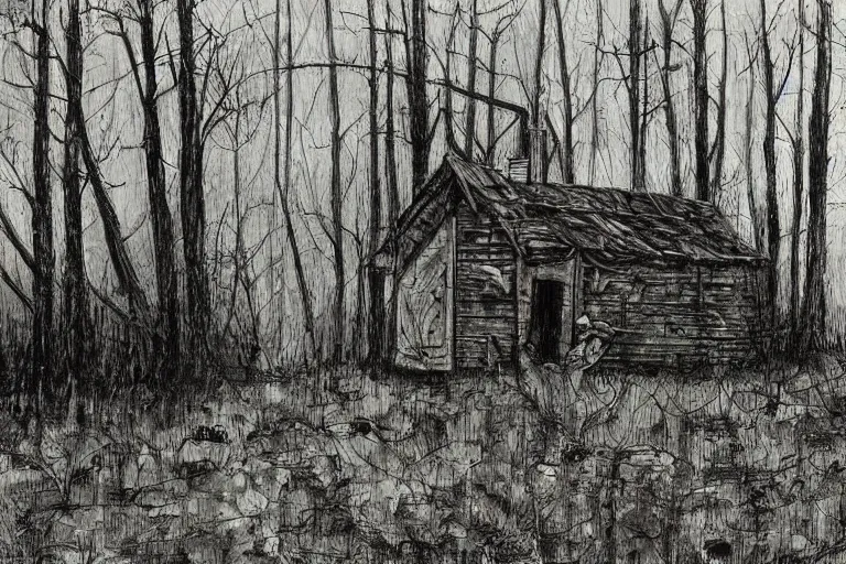 Image similar to mad horror painting of a cabine in the woods by ben templesmith