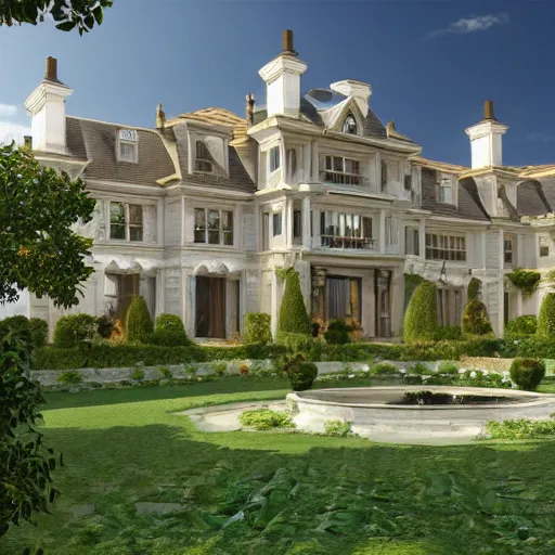 Image similar to a photorealistic and highly detailed 3 d rendering of a luxurious mansion or estate, with finely manicured gardens and a grand entrance