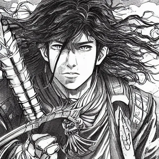 Image similar to a handsome golden Vagabond magic swordsman glides through a beautiful battlefield magic the gathering dramatic esoteric pen and ink illustrated in high detail by Hiroya Oku and Tatsuki Fujimoto