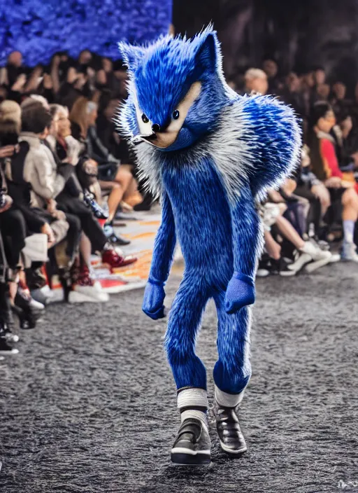 Image similar to hyperrealistic and heavy detailed moncler runway show of sonic the hedgehog, leica sl 2 5 0 mm, vivid color, high quality, high textured, real life