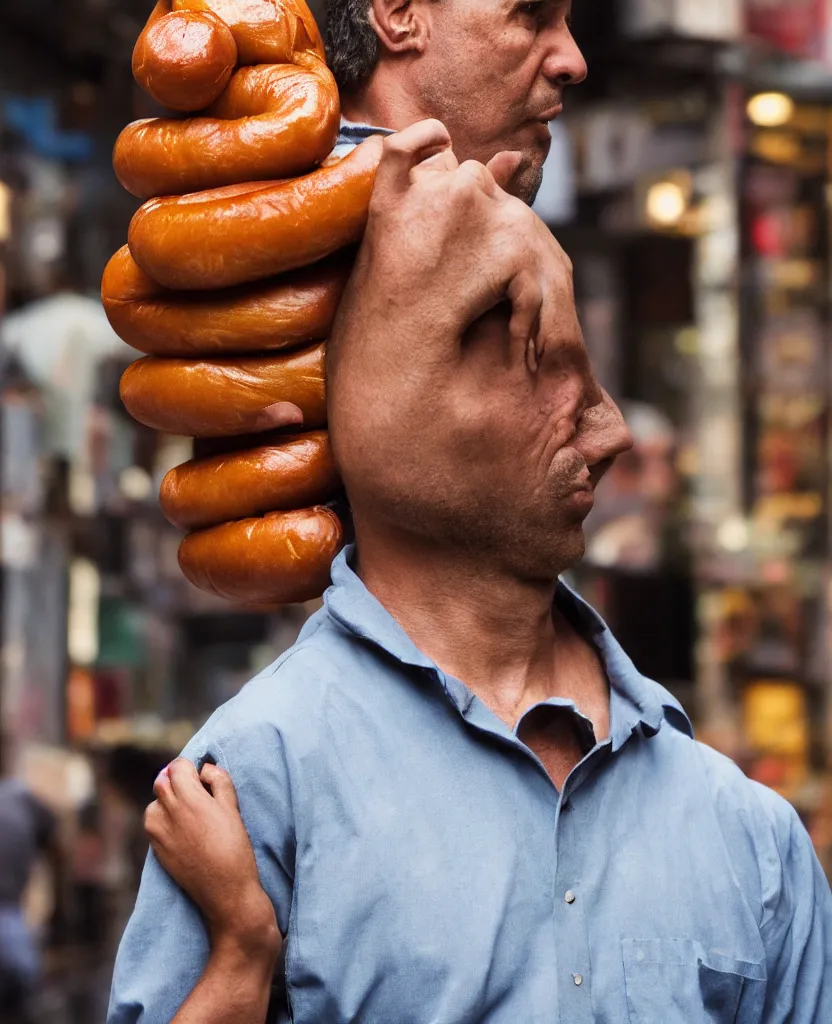 Image similar to closeup portrait of a man carrying a giant hotdog on his shoulder in a smoky new york back street, by Annie Leibovitz and Steve McCurry, natural light, detailed face, CANON Eos C300, ƒ1.8, 35mm, 8K, medium-format print