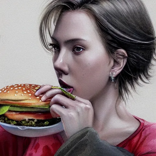 Prompt: dynamic composition, motion, ultra-detailed, incredibly detailed, a lot of details, amazing fine details and brush strokes, colorful and grayish palette, smooth, HD semirealistic anime CG concept art digital painting, watercolor oil painting of Scarlett Johansson eating a big mac, by a Chinese artist at ArtStation, by Huang Guangjian, Fenghua Zhong, Ruan Jia, Xin Jin and Wei Chang. Realistic artwork of a Chinese videogame, gradients, gentle an harmonic grayish colors