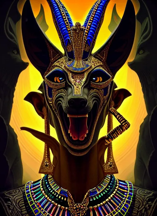 Image similar to angry god anubis, growling jackal with egyptian headdress and nemes, ornate art nouveau detail, black and neon palette, symmetry, fantasy, intricate, elegant, highly detailed, colorful, dark colors, dramatic shadow, digital painting, artstation, concept art, art by artgerm and greg rutkowski and ruan jia,