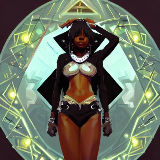 Image similar to Character Portrait of Ramlethal Valentine of Guilty Gears surrounded by geometric nodes, face, fantasy, intricate, elegant, highly detailed, digital painting, artstation, concept art, smooth, sharp focus, illustration, art by Gregory Manchess and Fernanda Suarez and Artem Demura and alphonse mucha