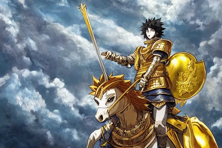 Image similar to an ultra detailed portrait of king richard the lionhearted as a shonen anime protagonist charing into battle wearing bright gold armor and riding a horse bless by god, 8 k, volumetric lighting, art by kentaro miura and akira toriyama