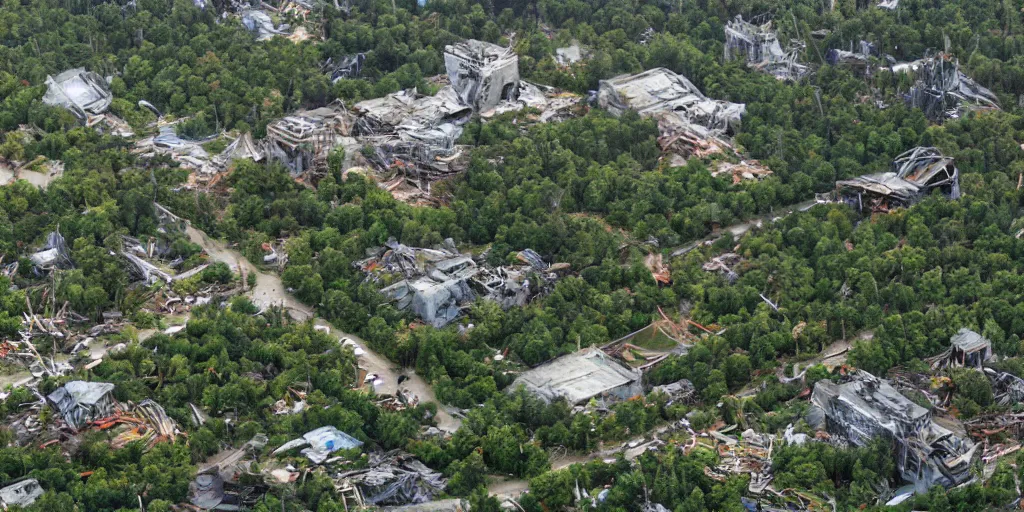 Image similar to future city attacked by forest, trees, plant, broken buildings, doom of the gods, monster, gravity mess, star trek, glory war, photograph